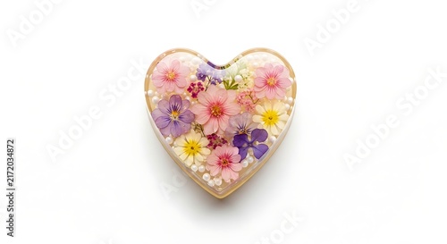 Delicate heart-shaped charm showcasing vibrant dried blossoms encased in clear resin, a symbol of enduring affection and natural beauty