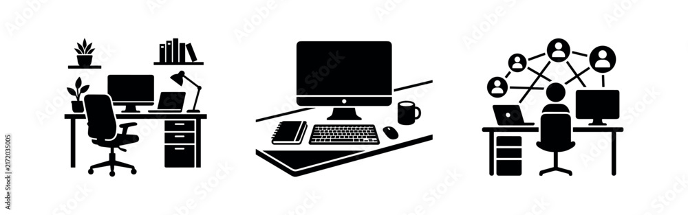Fototapeta premium Home office icons: desk setup, computer, network connection
