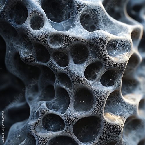 Microscopic View of Dark Cellular Porous Material with Intricate Organic Webbing and Texture