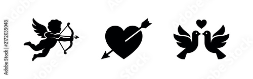 Bild auf Leinwand Love and romance icons: cupid, heart with arrow, doves