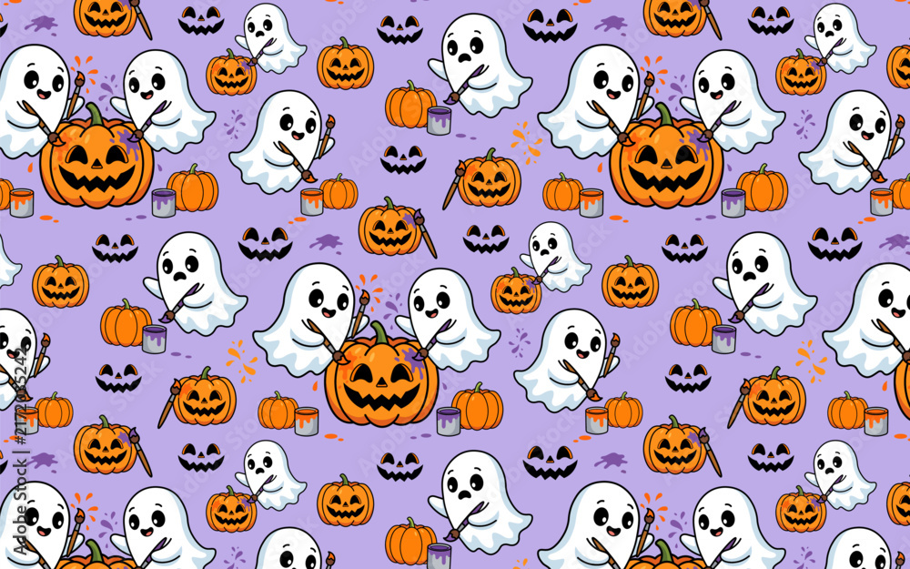 Obraz premium Seamless pattern with cute cartoon ghosts painting orange jackolantern pumpkins on a light purple background for halloween