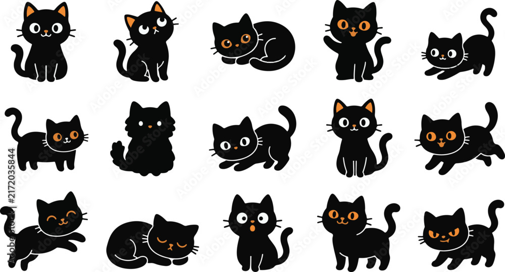 Obraz premium Cute Black Cat Cartoon Set with Different Poses and Funny Expressions