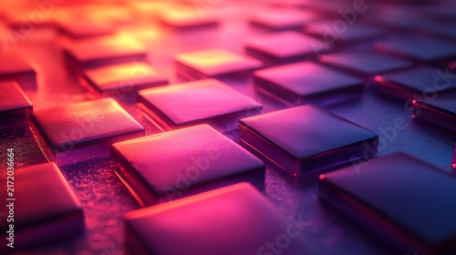 Futuristic Grid of Glossy Square Blocks with Vibrant Neon Pink and Purple Ambient Lighting