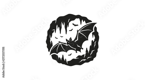 Black bat flying inside circular cave entrance icon.