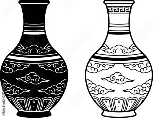 Vintage Chinese Ceramic Porcelain Vase Vector Set with Oriental Cloud Patterns in Silhouette and Outline Style