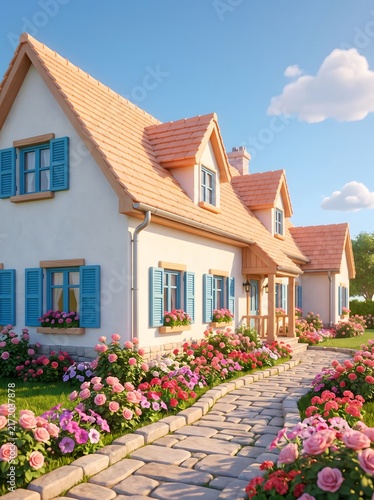 Country cottage with stone path and pink flowers