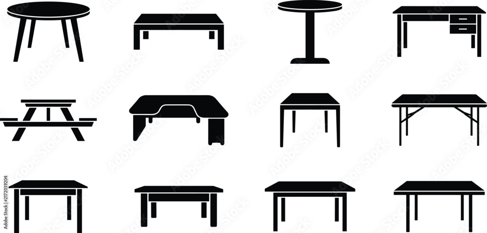 Fototapeta premium Minimalist Table Furniture Silhouette Vector Icon Set Featuring Various Styles Like Desk, Picnic Table, Coffee Table, and Workbench for Interior Graphic Designs