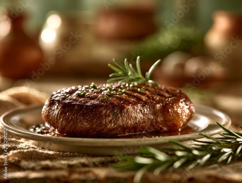  Juicy grilled steak with herbs on a plate, in a cozy farmhouse kitchen, soft natural morning light, sharp focus with shallow depth of field, suited for corporate presentation. 