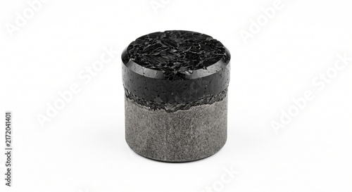 Extreme macro of a Polycrystalline Diamond Compact (PDC) drill bit cutter on tungsten carbide substrate. Geothermal drilling hardware isolated on white.