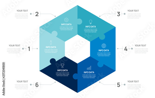 Foto Venn diagram business infographic circle chart template 6 options, presentation with hexagon jigsaw puzzle Circular diagram elements vector illustration