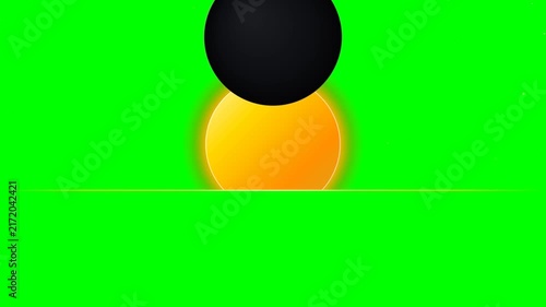 Minimalist Solar Eclipse Illustration with Orange Sun and Dark Moon on Green Screen Background