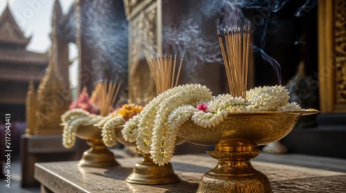 Row of ceremonial brass offering bowls with fresh white jasmine garlands and burning incense sticks emitting smoke at a Buddhist temple with golden architectural details.