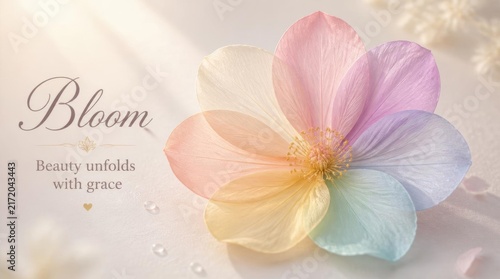 Close-up of seven delicate translucent flower petals arranged in a rainbow gradient circle with central stamen and typography text 'Bloom' on a soft white background with sunlight.