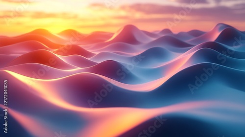 Abstract undulating waves of smooth flowing curves with gradient purple blue and golden sunset colors