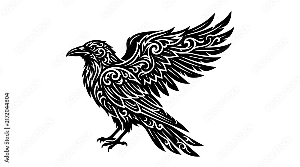 Fototapeta premium Tribal raven illustration with intricate ornamental wing patterns.