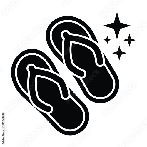 Shiny black flip flops icon with sparkles on white background. Beach footwear symbol for summer vacation.