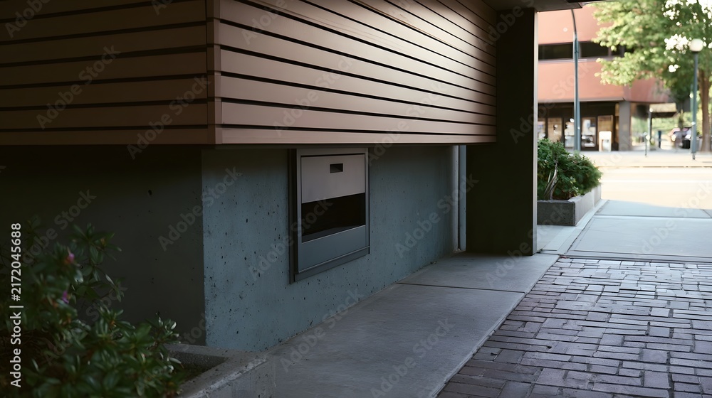 Obraz premium Modern building exterior with horizontal siding concrete wall and a recessed mail slot under a covered walkway