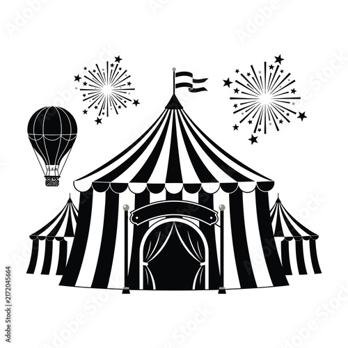 Circus tent with fireworks and hot air balloon entertainment venue illustration