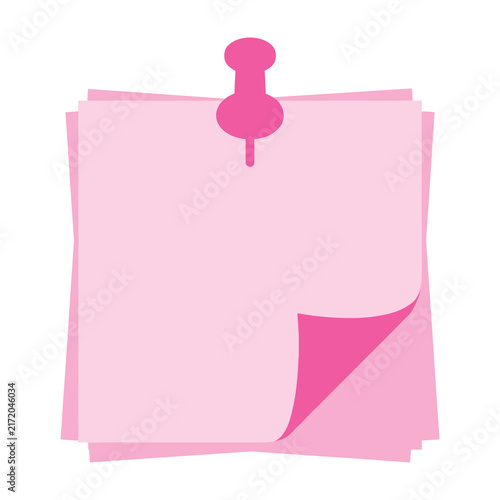 Pink Sticky Note Paper Pad with a Matching Pin Attached to a White Background