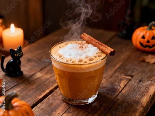 Steaming pumpkin spice latte with cinnamon in a cozy autumn setting with Halloween decor