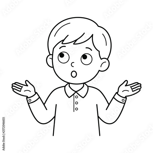 Cute boy shrugging shoulders line art