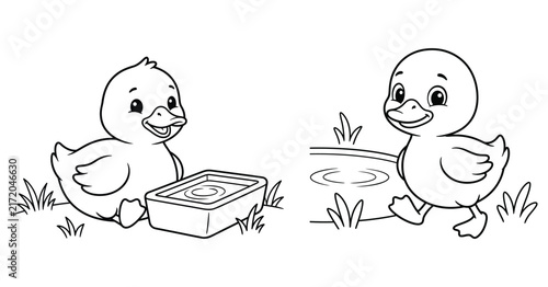 фотографія A cute black and white coloring page featuring two adorable baby ducks playing i