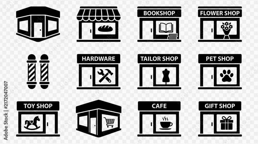 Fototapeta premium Collection of diverse shop icons representing various businesses and services