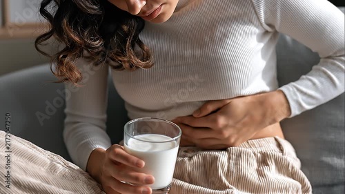 Woman Holding Glass of Milk Experiencing Stomach Pain and Lactose Intolerance Symptoms at Home