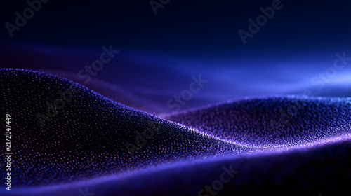 3D render of an abstract big data / DNA network / music soundwave background, wide 16:9 composition, dark deep purple/indigo base with subtle gradient