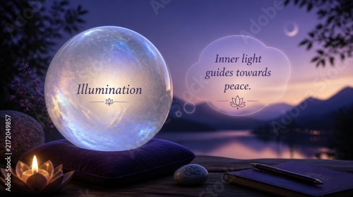 Glowing crystal ball with Illumination text on a velvet pillow at twilight, featuring an inspirational quote bubble, lotus candle, zen stone, and journal in front of a mountain lake.