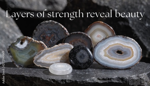 Collection of various polished agate slices and smooth stones displayed on a dark textured rock surface, featuring detailed concentric banding, crystalline layers, and natural earth tones.