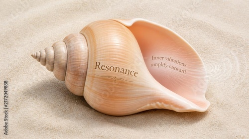 Conch shell on sand featuring Resonance text and Inner vibrations amplify outward quote, with stylized white circular ripple lines emanating from the shell aperture.