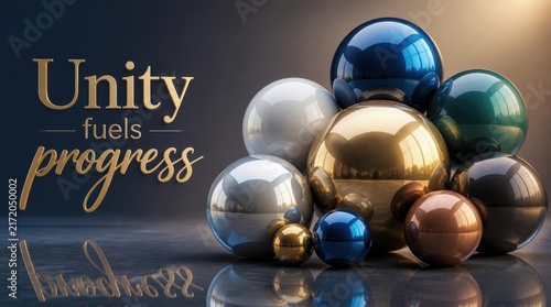 Collection of polished metallic and glossy spheres in gold, blue, silver, and teal clustered together on a reflective dark surface with the text Unity fuels progress in gold.