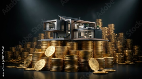 3D rendering of a contemporary two-story miniature house model perched on stacks of gold bullion coins with a dark studio background, concept of high value real estate assets.