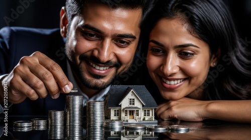 Close-up of a smiling South Asian couple saving money for a house; man placing a coin on a stack next to a miniature home model on a reflective surface against a dark background.