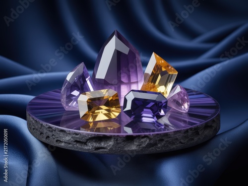 Collection of faceted amethyst and citrine gemstones in various geometric cuts displayed on a purple crystal base over dark blue draped silk fabric background.