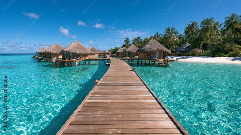 Fototapeta premium Luxury tropical resort in Maldives islands, overwater wooden villas, crystal clear turquoise lagoon, white sandy beach, palm trees, sunny day. A wide scenic photograph, keywords: M