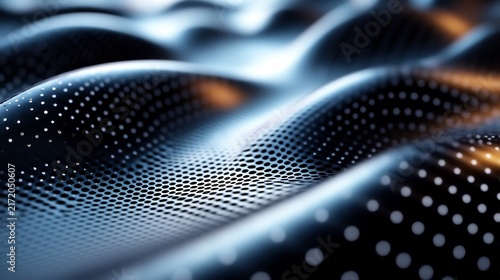 Perforated Metal Abstract 3D Wave with Dark Blue Tones and Orange Accents