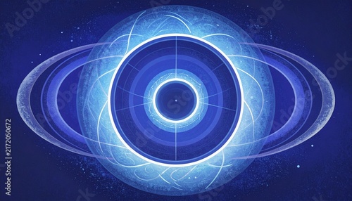 Abstract Blue Energy Vortex with Glowing Rings and Light.