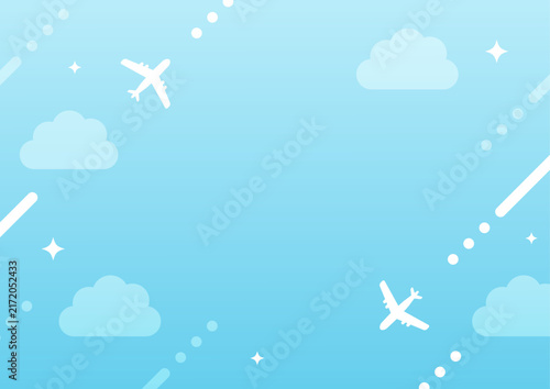 飛行機と雲の空の背景、旅行・旅の背景イラスト