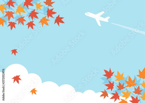 秋の旅行の背景、紅葉と空と飛行機のイラスト