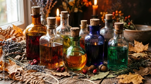 Assorted apothecary bottles with colored herbal potions, autumn leaves, and candles on a rustic wooden table