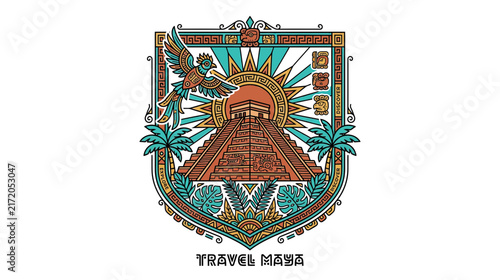Ancient Mayan Temple Emblem with Parrot and Sun