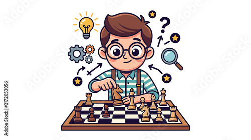 Boy playing chess, thinking with lightbulb and gears