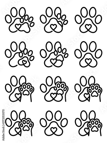 Collection of Paw Print Heart Icons, Line Art Style