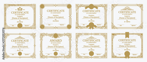 Collection of Golden Award Certificates with Ornate Borders