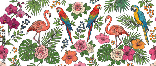 Colorful Tropical Birds and Flowers Pattern Isolated