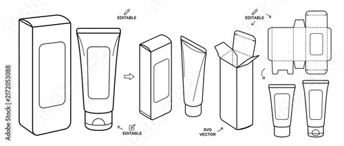 Cosmetic Tube and Box Packaging Mockup Line Art