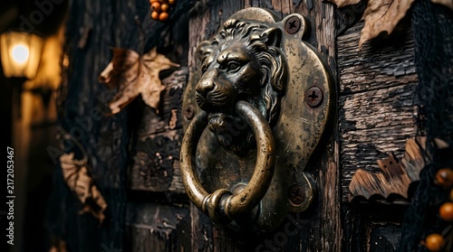 Antique Lion Head Door Knocker Mounted on Dark Rustic Wood with Autumn Leaves and Golden Warm Ambient Lighting