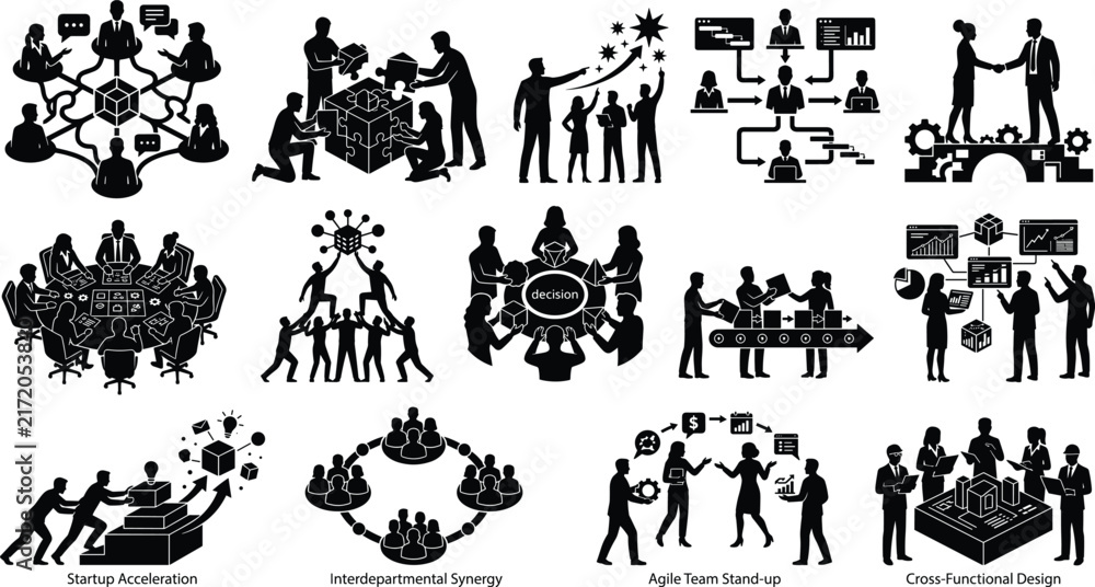 Fototapeta premium Business Teamwork and Corporate Strategy Silhouette Collection with Collaboration Leadership Innovation and Management Concepts
